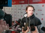 Latvian goaltender Linards Feldbergs speaks with the media following a 55-save shootout victory over Canada.